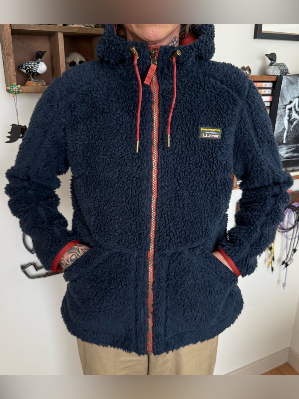 LL Bean Navy Blue Mountain Pile Sherpa Fleece Hooded Coat Gorpcore ~ Size Small